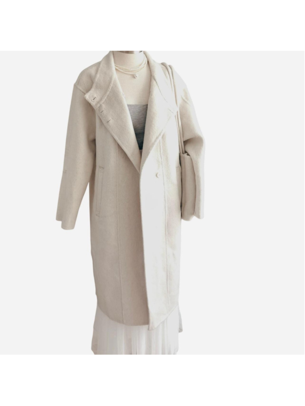Cream wool blend coat with pockets and removable shoulder bag (only this color a